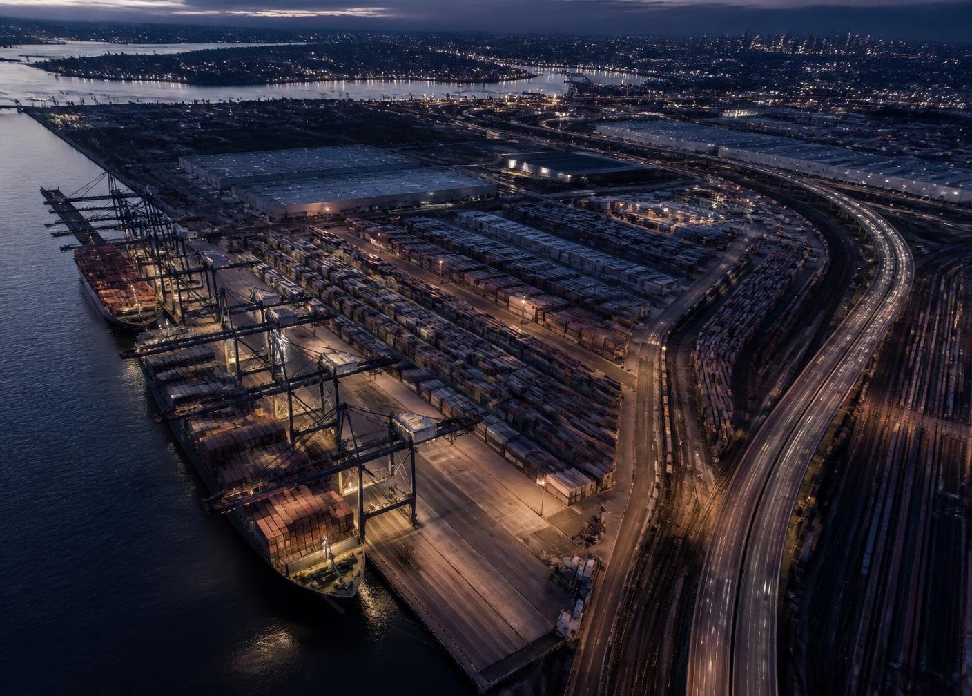 International shipping port and distribution network at dusk